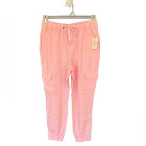 St. John’s Bay Women’s Capri Linen Cargo Pants with Drawstring, Pink, Sz S
